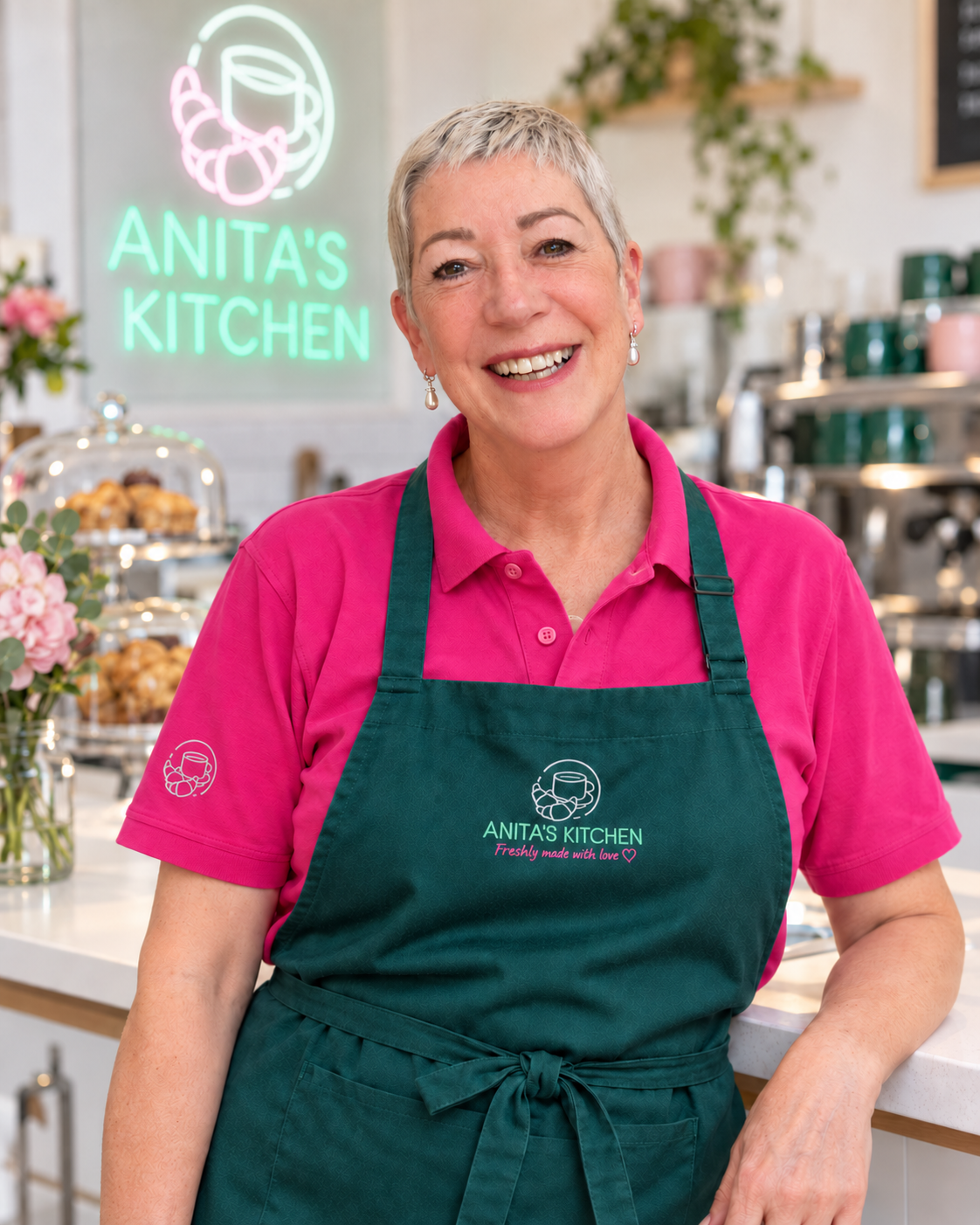 Anita smiling naturally in the café in her branded pink polo shirt and emerald apron